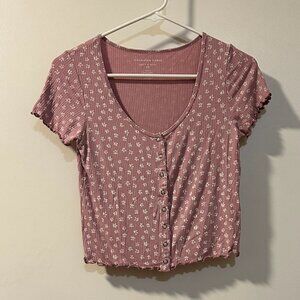 Pink Flowered Rib Knit Crop Top